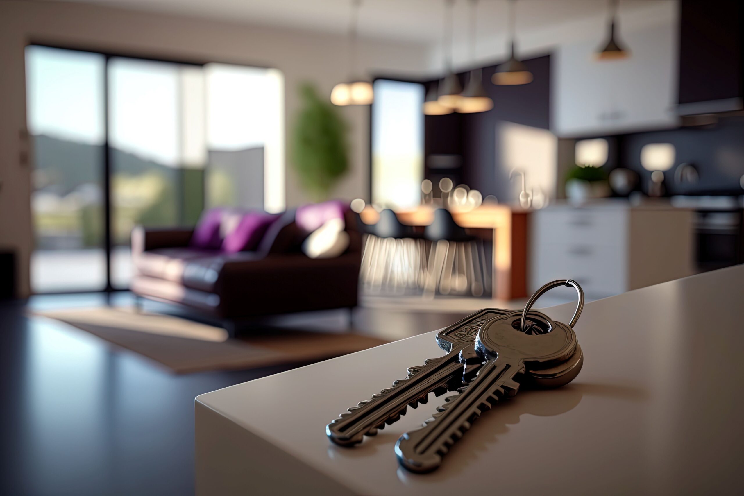 Schlüssel auf dem Tisch in neuer Wohnung oder Hotelzimmer. Hypothek, Investition, Miete, Immobilien, Immobilienkonzept. Generative KI