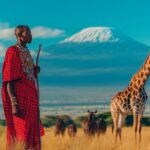 Massai-Krieger mit Giraffe und Gnus in der Savanne, der Kilimandscharo im Hintergrund – ein ikonisches Tansania Safari-Motiv