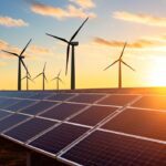 Solarpanels und Windkraftanlagen im Sonnenuntergang, Symbolbild fuer die Energiewende und Personalberatung Energiewirtschaft