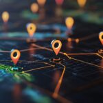 Digitale Karte mit mehreren Routenpunkten und Netzwerkverbindungen – Symbolbild fuer die Visualisierung von Lkw Telematik