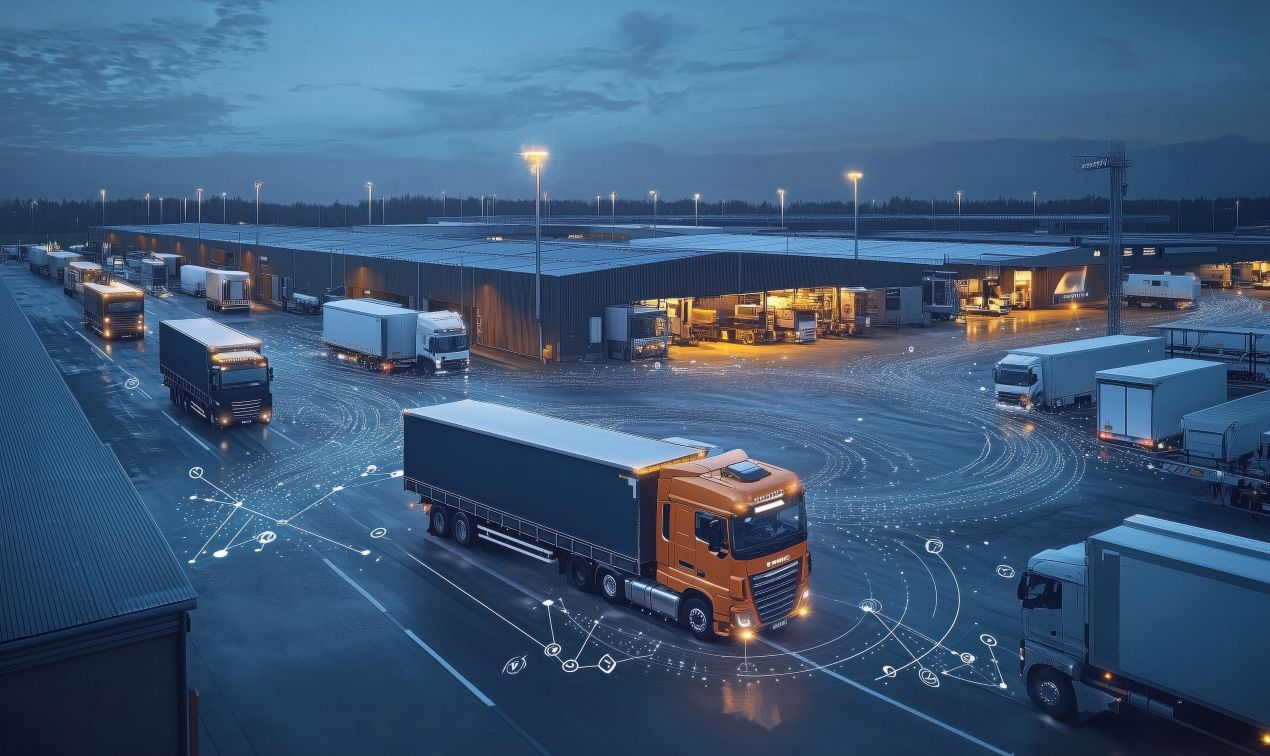 Lkw auf Logistikplatz mit digitalen Vernetzungsdaten bei Nacht – Symbolbild fuer moderne Flottensteuerung mit Lkw Telematik