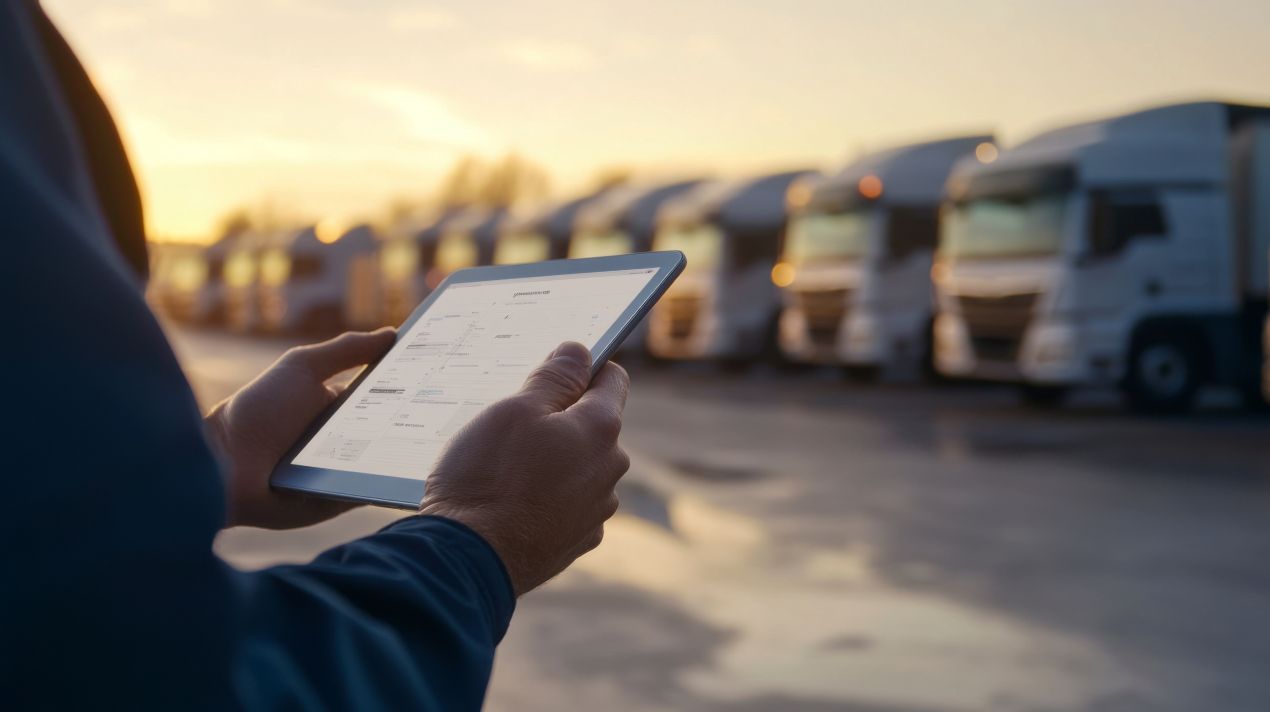 Mann bedient Tablet vor geparkten Lkw – digitale Tourenplanung mit Lkw Telematik im Logistikbetrieb