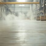 Leicht vernebelte Industriehalle mit gereinigtem Boden und moderner Produktionsumgebung