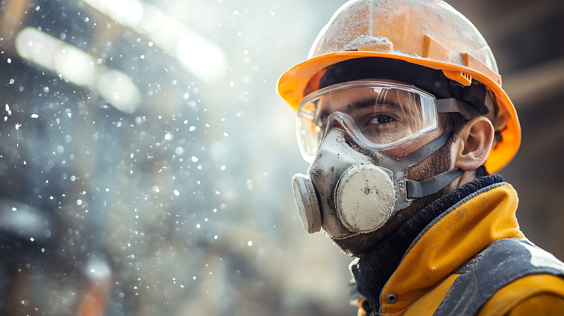 Arbeiter traegt Schutzmaske und Helm in staubiger Industrieumgebung zur Gewaehrleistung der Arbeitssicherheit