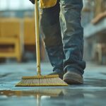 Mitarbeiter kehrt verschmutzten Boden auf Baustelle nach Bauende zur Vorbereitung der Baustellenreinigung