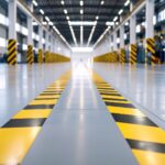 Weitwinkelaufnahme eines modernen Industriegebäudes mit markierten Sicherheitswegen und klarer Linienfuehrung