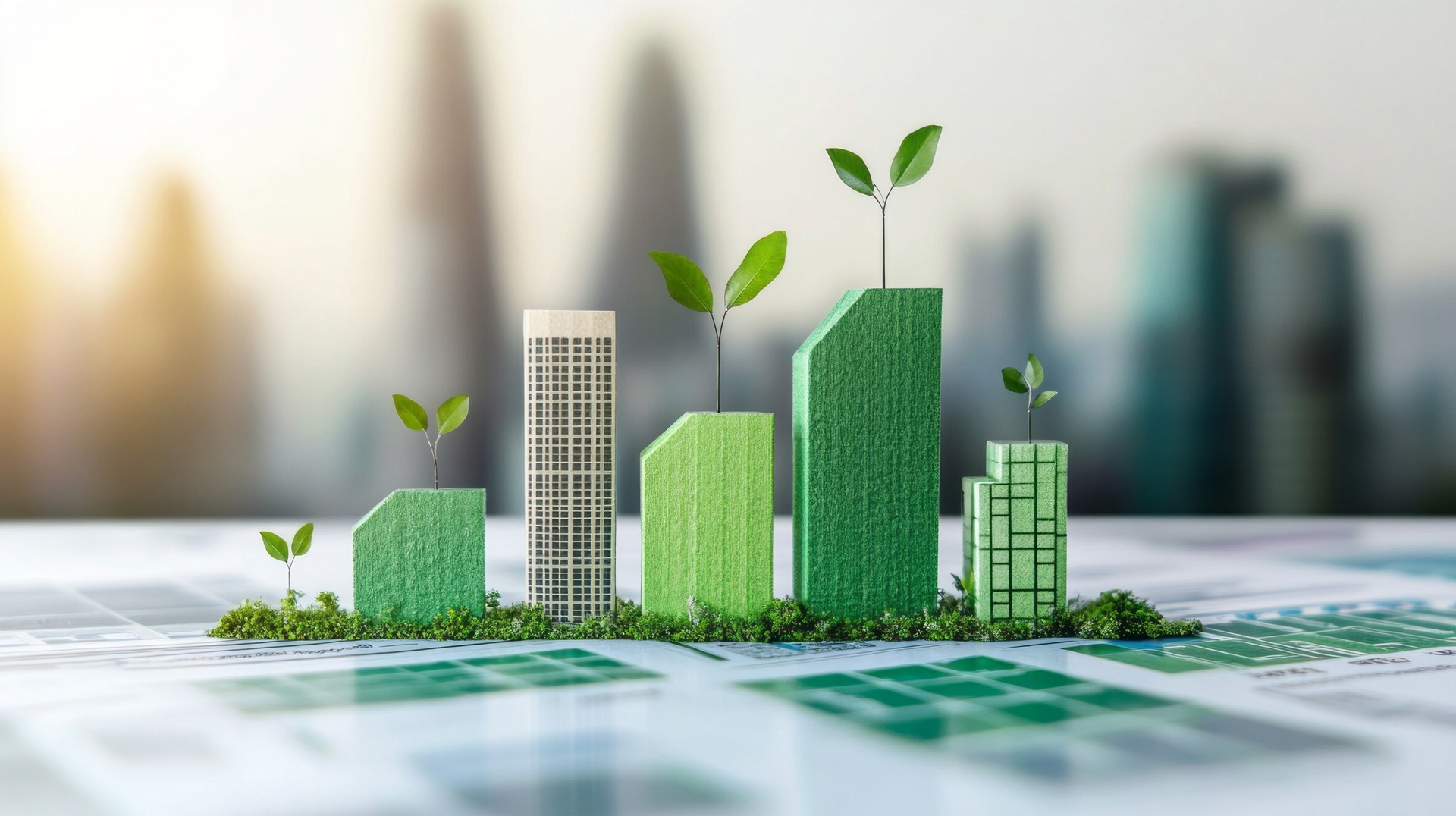 Gruene Gebaeude symbolisieren nachhaltiges Unternehmenswachstum | Solarmodule Großhandel