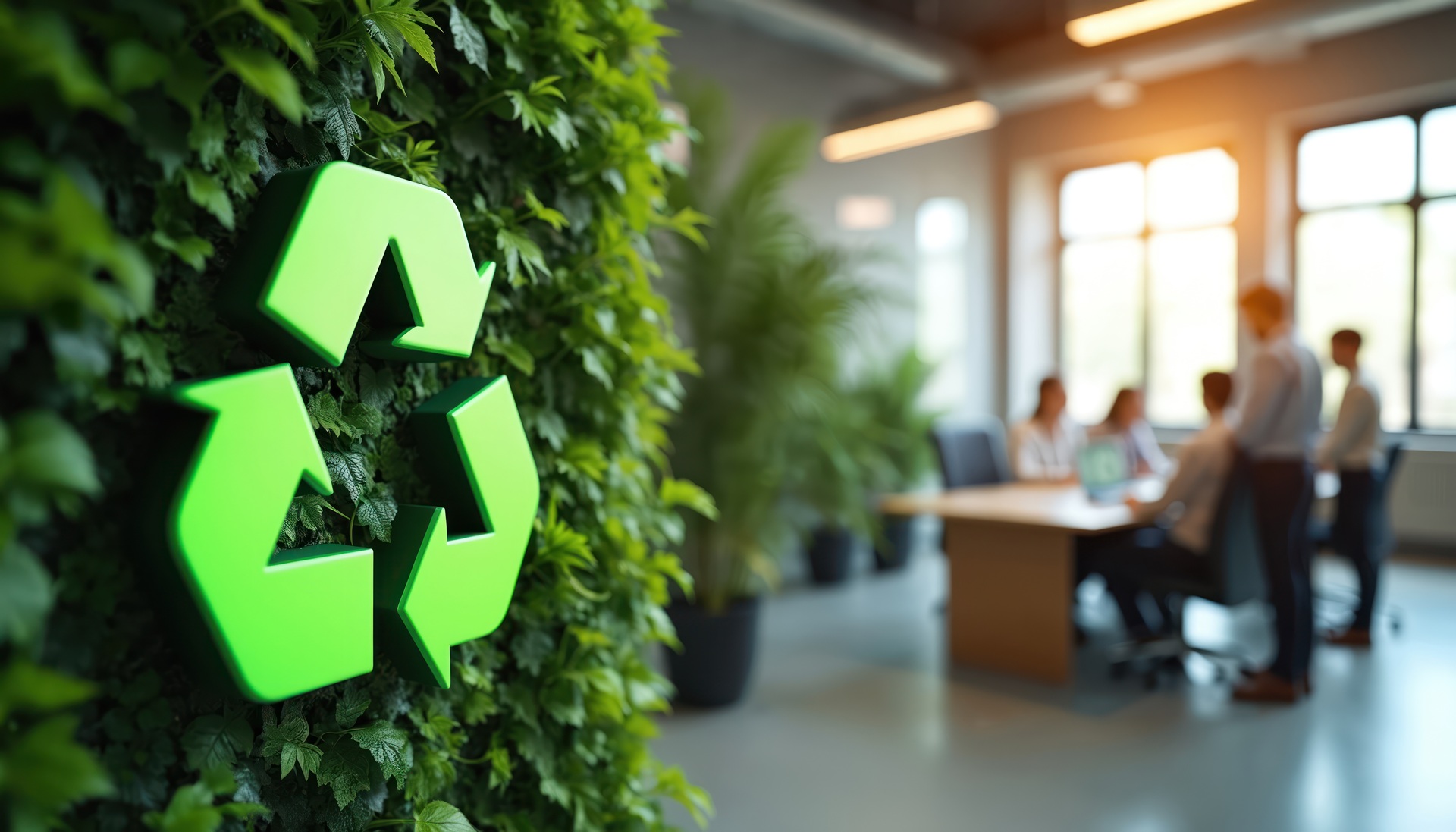 Gruenes Recycling-Symbol im nachhaltigen Buero | Solarmodule Großhandel