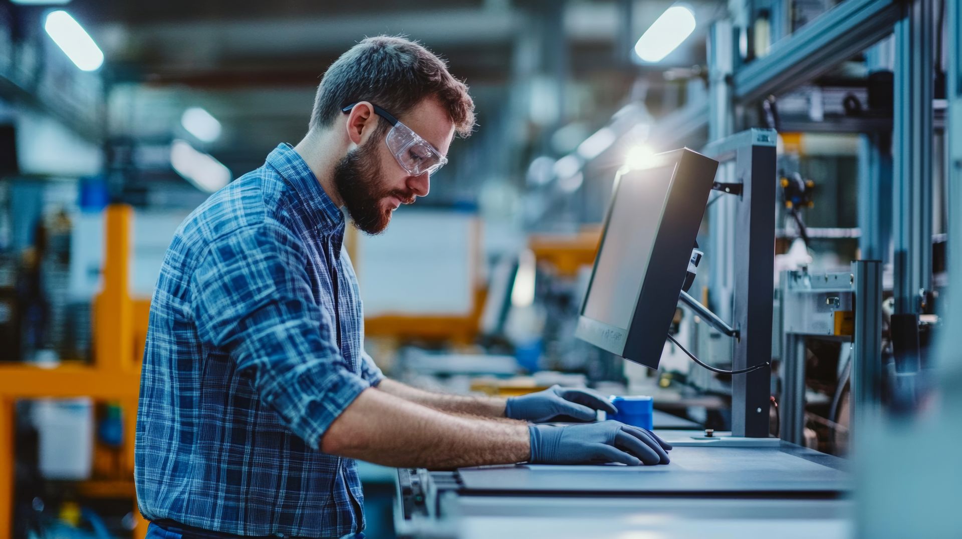  Industriemitarbeiter an ergonomischem Arbeitsplatz mit Monitor und Montageflaeche in moderner Produktionshalle