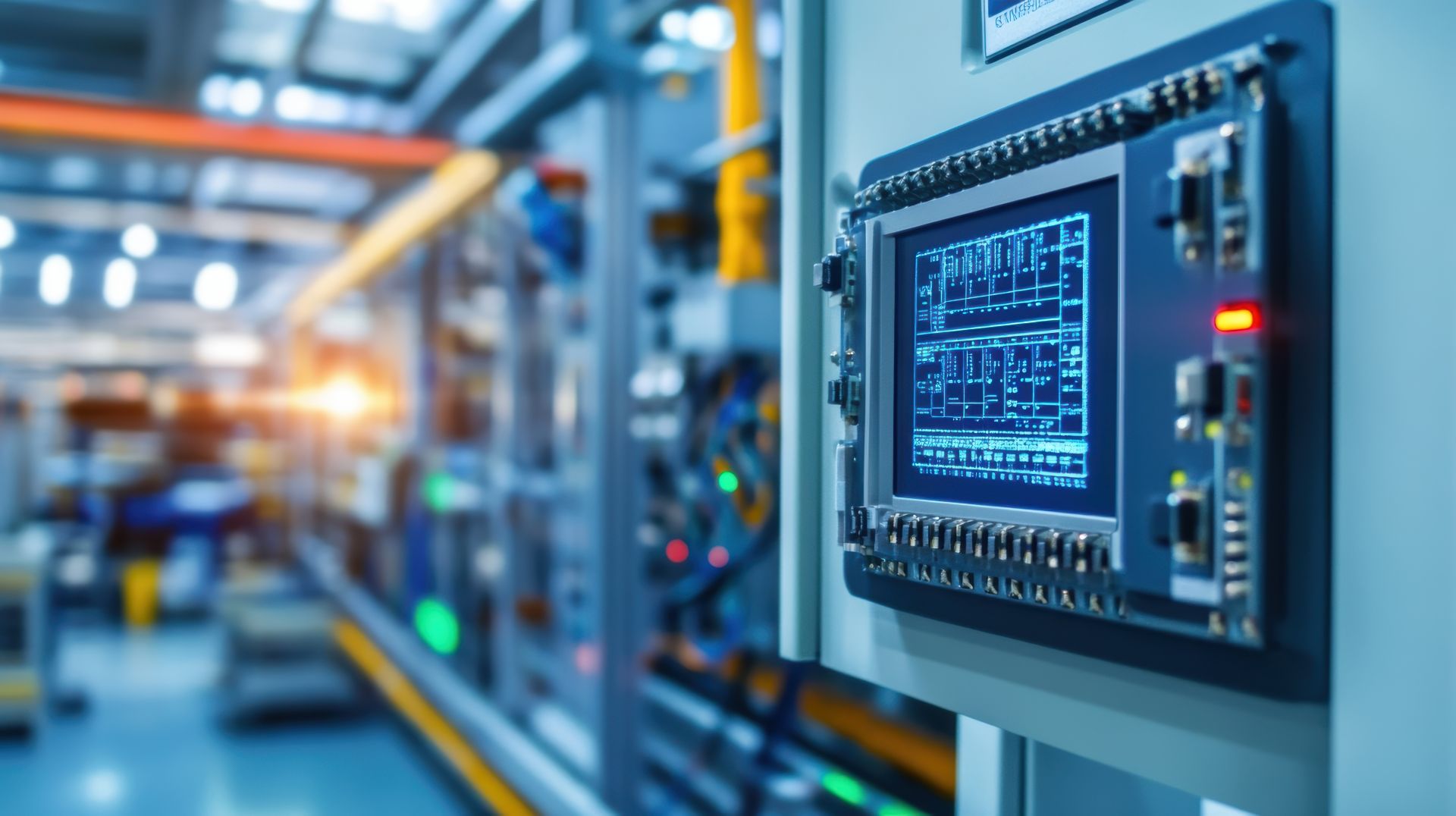 Detailaufnahme einer digitalen Steuerungseinheit mit Produktionsdatenanzeige in industrieller Umgebung der Baugruppenmontage