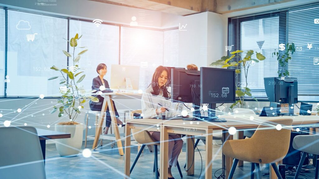 Moderne Bueroarbeitsplaetze mit digitaler Netzwerkstruktur – Visualisierung von Konnektivitaet durch Glasfaser Adapter im Mittelstand