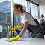 Professionelle Büroreinigung Berlin Mitte mit Reinigungskraft bei der Arbeit an einem modernen Arbeitsplatz