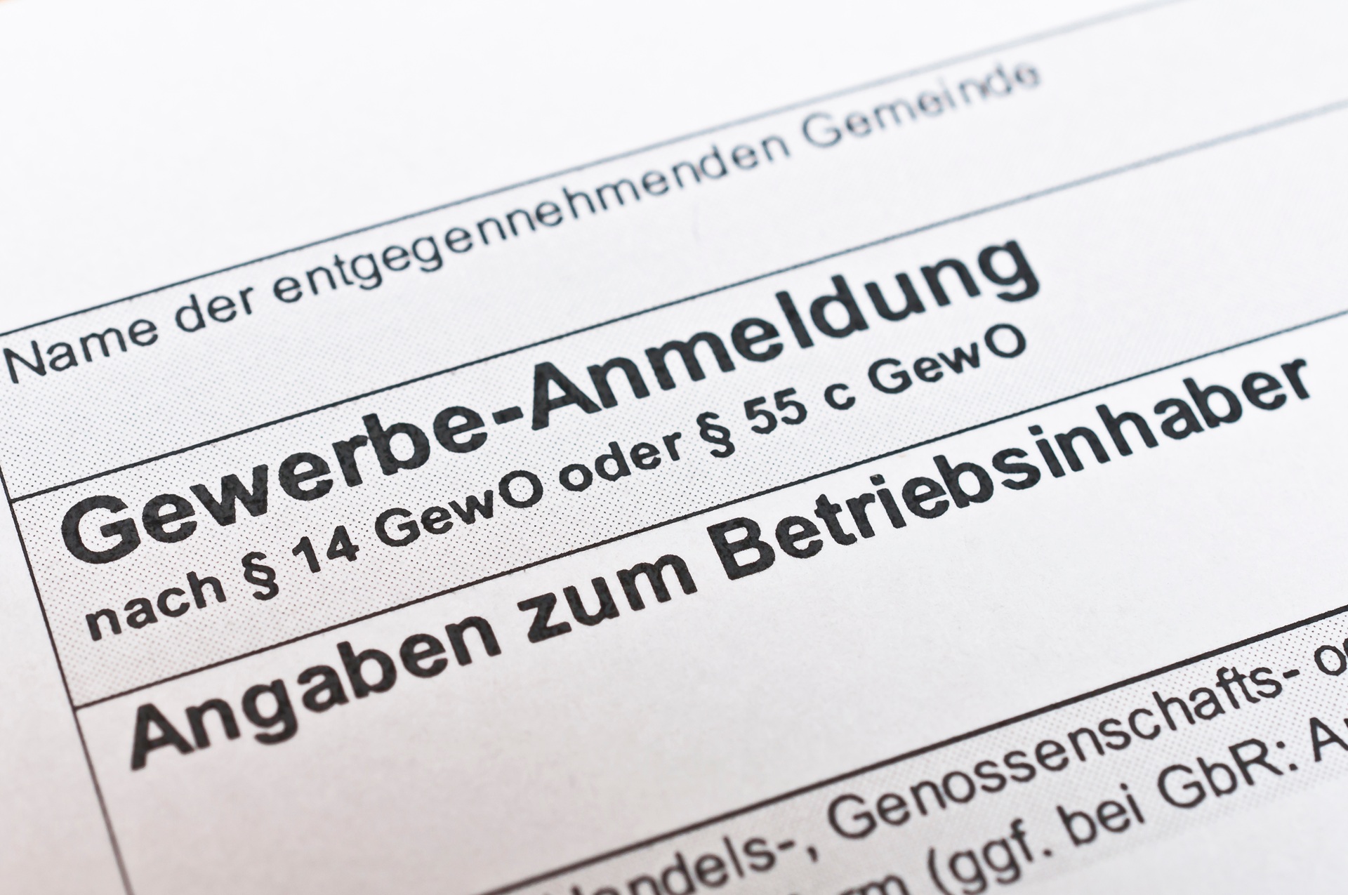 Ausschnitt eines Formulars zur Gewerbeanmeldung in Deutschland | Anwaltskanzlei IT Recht