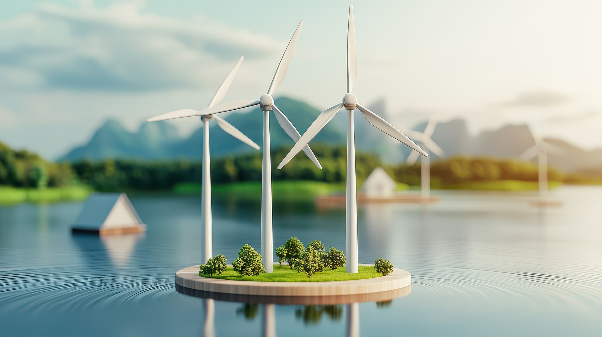 Windkraftanlagen auf Wasserfläche mit grüner Insel | Heizöl Duisburg